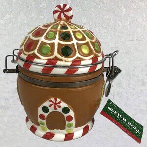 Sleigh Bell Bistro Ceramic Gingerbread House Hinged 7” Holiday Cookie Jar NWT